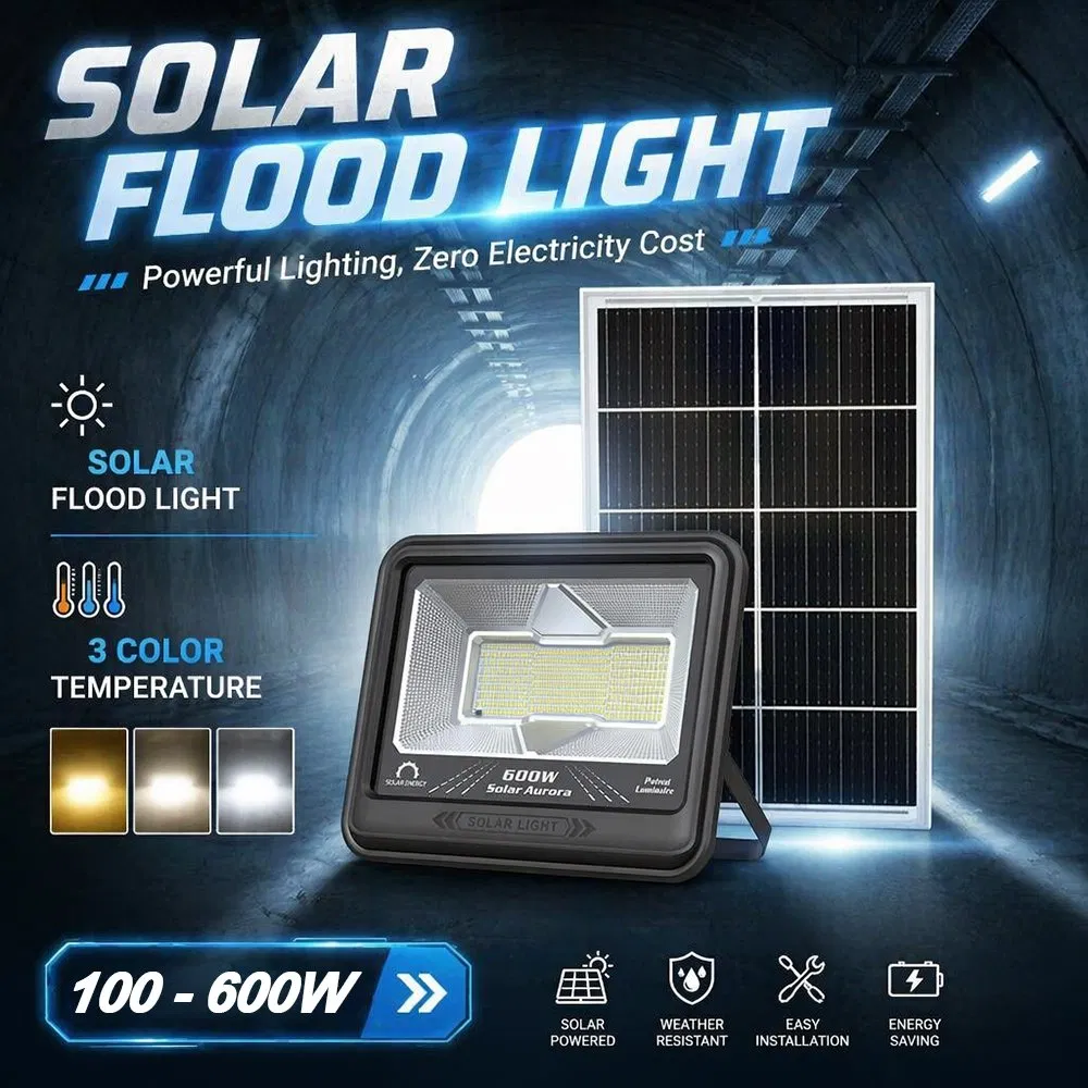 Iluminação Externa Luz de Inundação Solar 100W 200W 300W 400W 600W Economia de Energia com Instalação Fácil Lâmpada de Inundação LED Solar