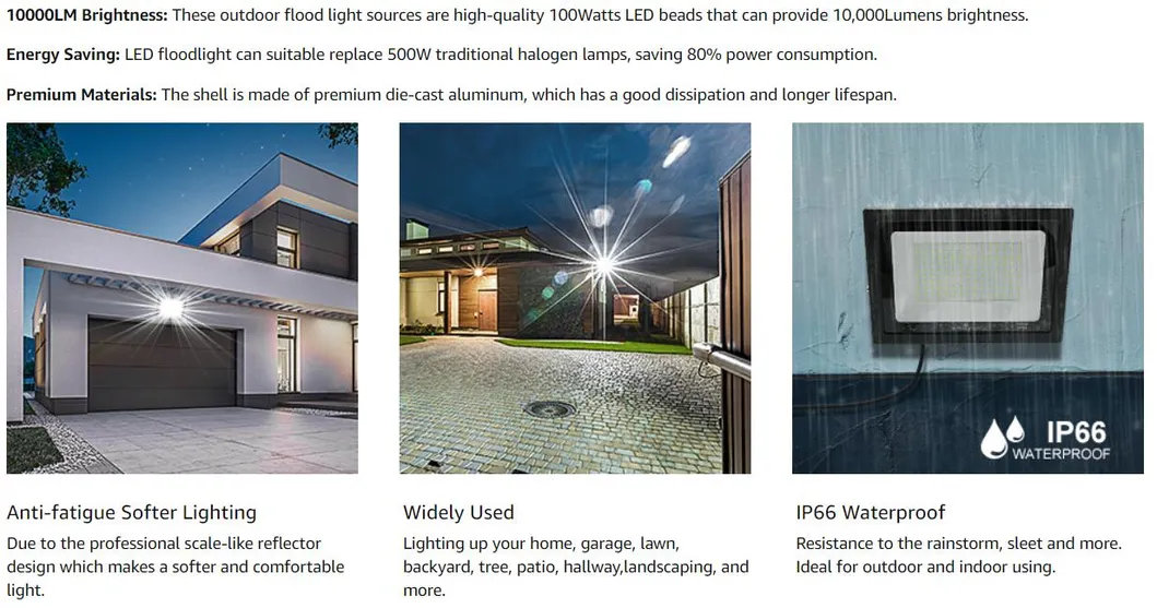 10W-400W Luz de Inundação LED Durável e de Alta Qualidade à Prova d'Água com Controle de Dimerização e Sensor para Exterior