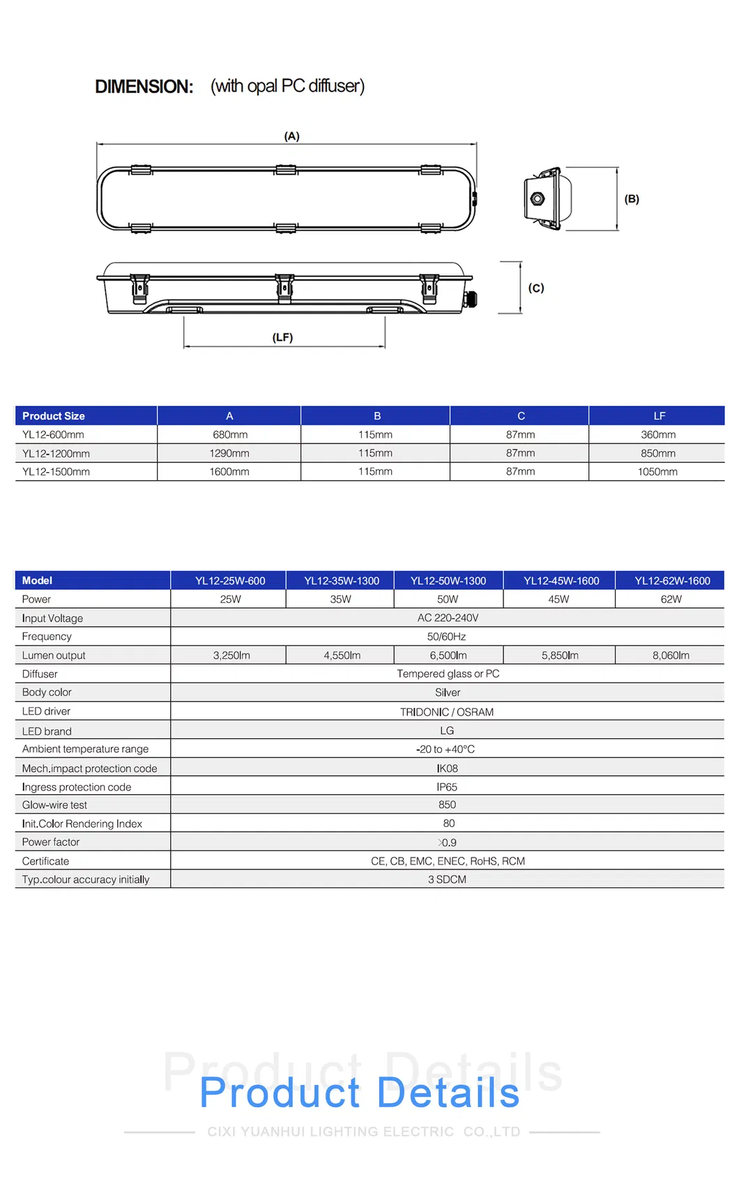 IP66 Ik08 Lâmpada de Aço Inoxidável à Prova d'Água, Fixture de Iluminação LED, Iluminação de Túnel Tri-Proof, Lâmpada Tubular Triproof LED