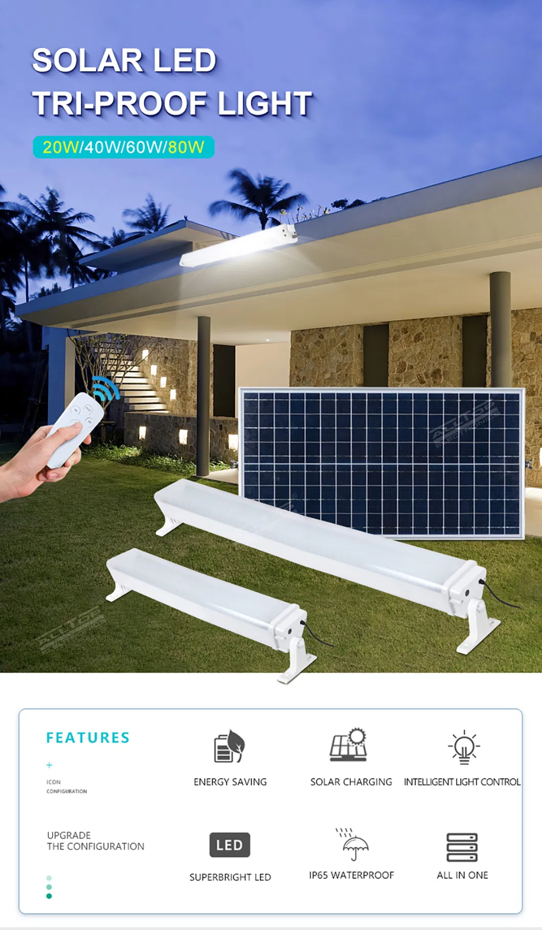 Fixture de Iluminação Interna Linear à Prova d'Água IP65 Alumínio 20W 40W 60W 80W Luz Solar LED Tri-Proof