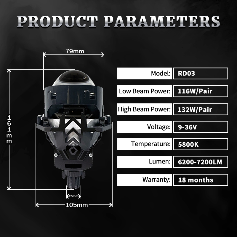 Rd03 Novos 3 Faróis LED de 132W Lente Bifocal de Dupla Lâmpada Super Rejeição de Calor Lente Projetora Bi LED para Carros Universais
