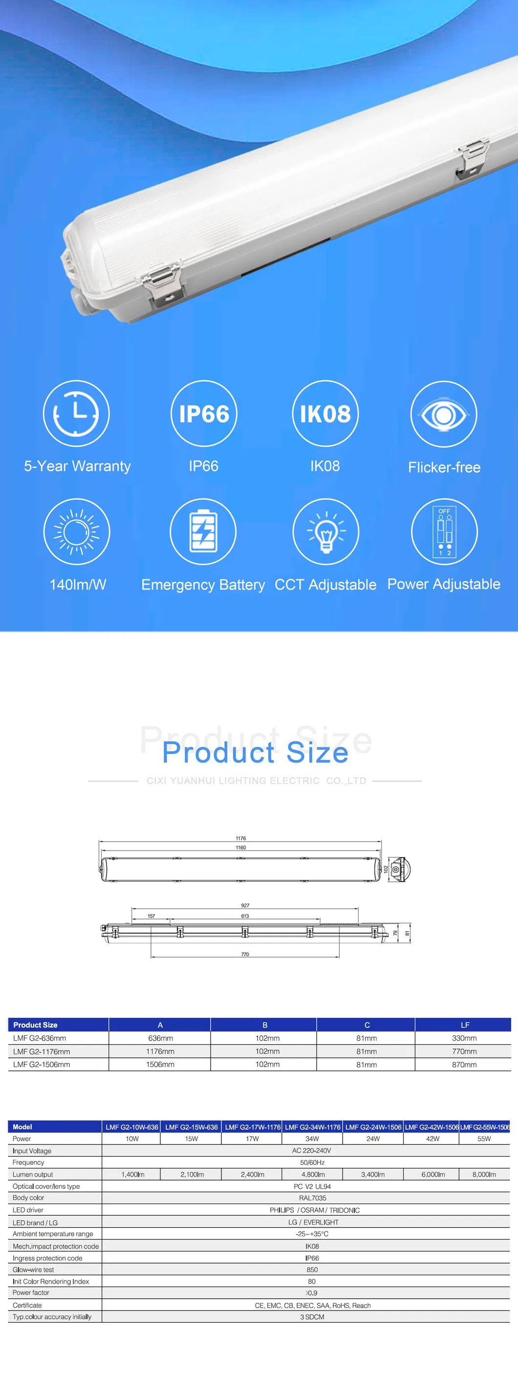 Iluminação LED para Túnel Tri-Proof IP66 Ao Ar Livre 140lm/W Luz Tubular LED Triproof à Prova d'Água