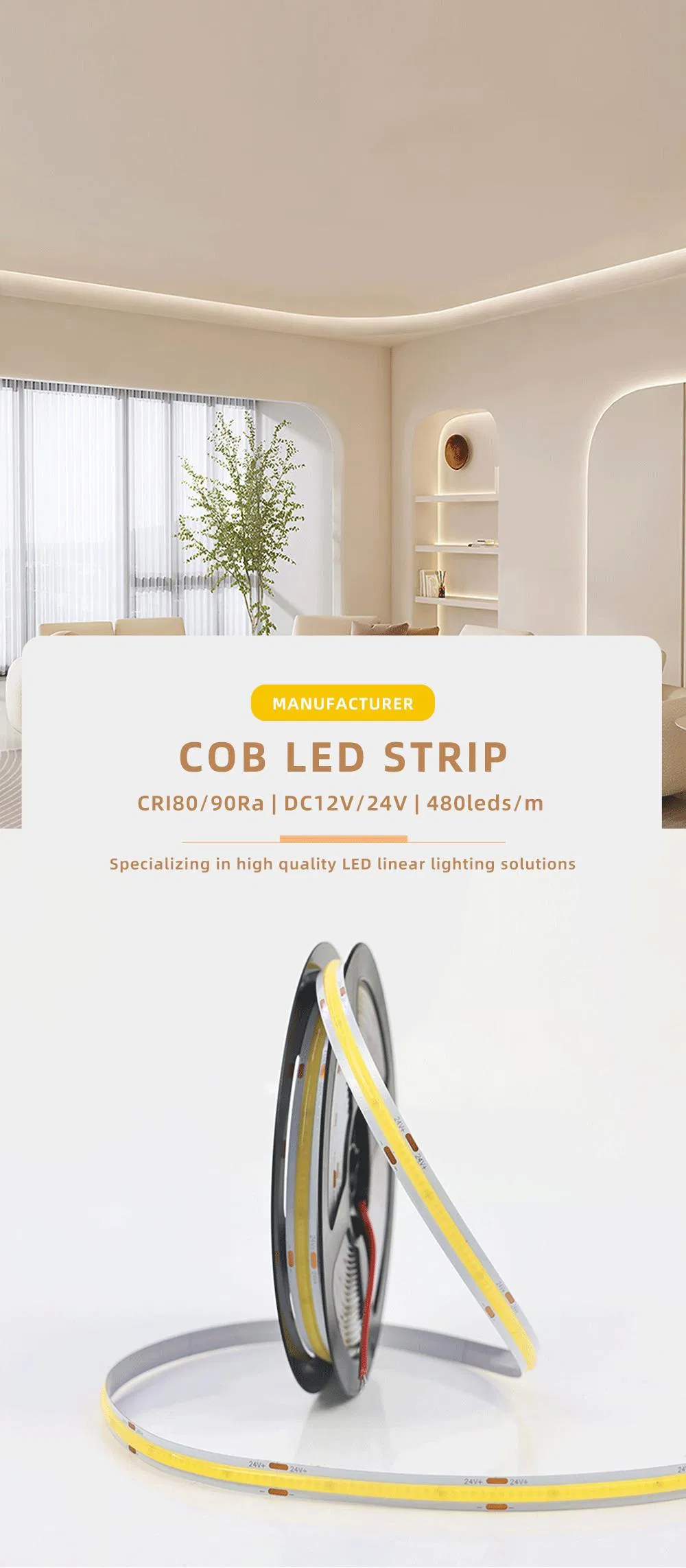 Fita LED COB Ultra Brilhante 480leds/m para Iluminação Arquitetônica com Recurso de Dimerização