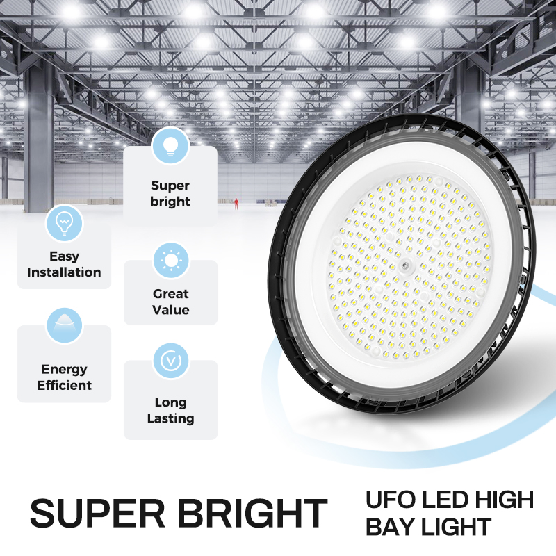Iluminação Comercial Interna de Baía Luz LED UFO de Alta Baía com Corpo de Alumínio Brilhante 200W 5000K para Armazém Fábrica Garagem Teto