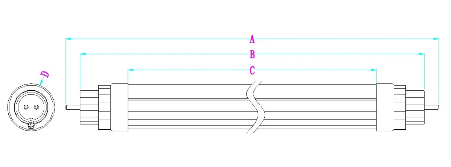 Esquema de Dimensões da Lâmpada Tubular LED T8