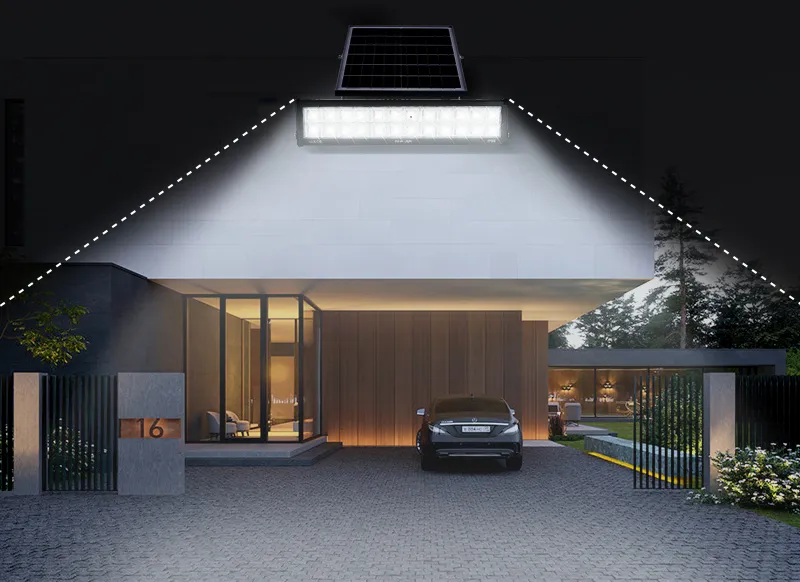 Novo Estilo de Iluminação LED Montada na Parede 300W Luz de Inundação Solar ao Ar Livre com Painel Solar e LiFePO4 Bateria