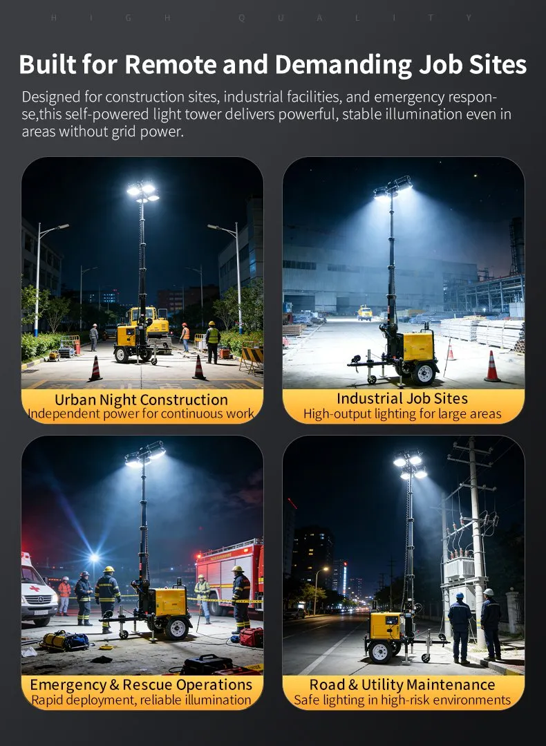 Iluminação portátil de torre móvel LED para canteiro de obras com gerador a diesel