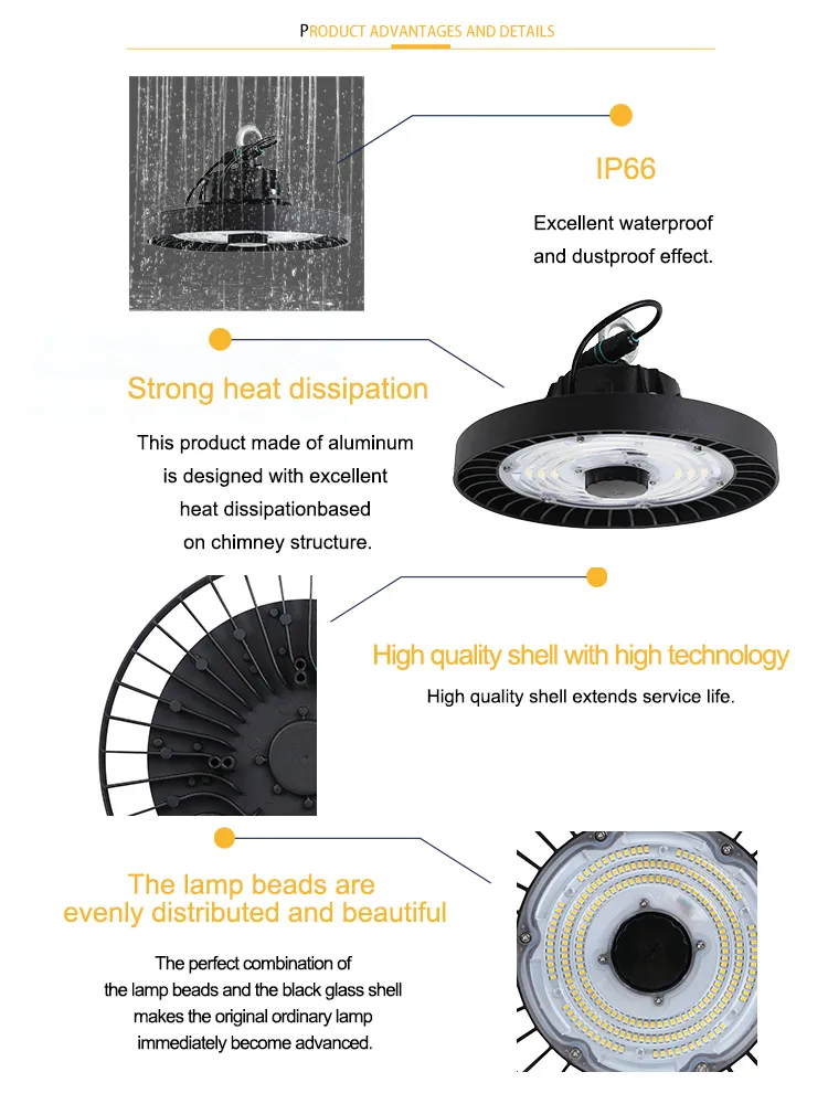 Iluminação de Teto LED à Prova d'Água de Personalização Básica 200W Luz LED de Alta Baía para Fábrica, Túnel, Estádio