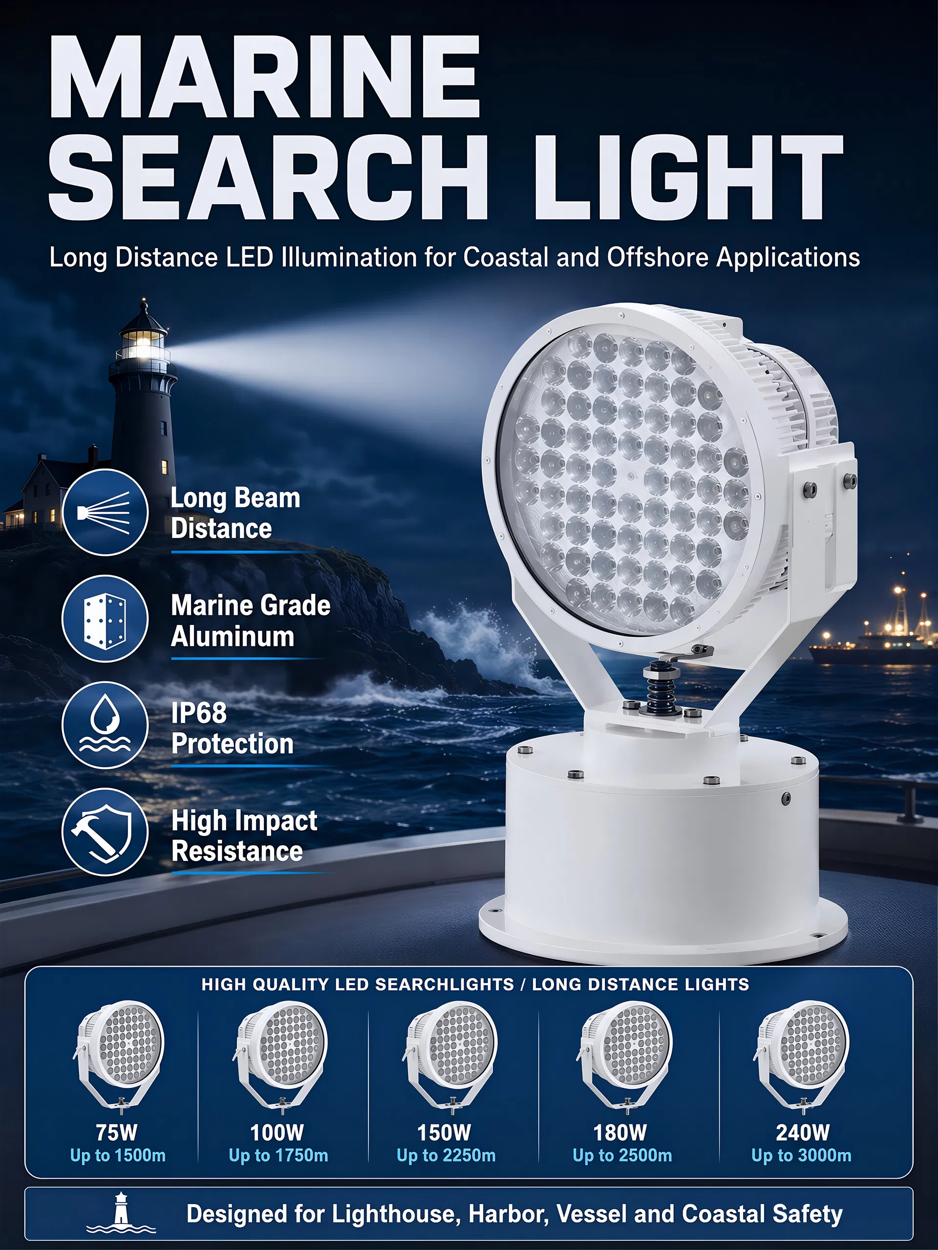Lanterna de Busca LED Marinha Spot IP68 Ik10 Chip CREE 3000m Alcance 360° Rotação Resistente a Spray Salino Luz de Navio para Convés de Navio Iluminação de Alvo Preciso