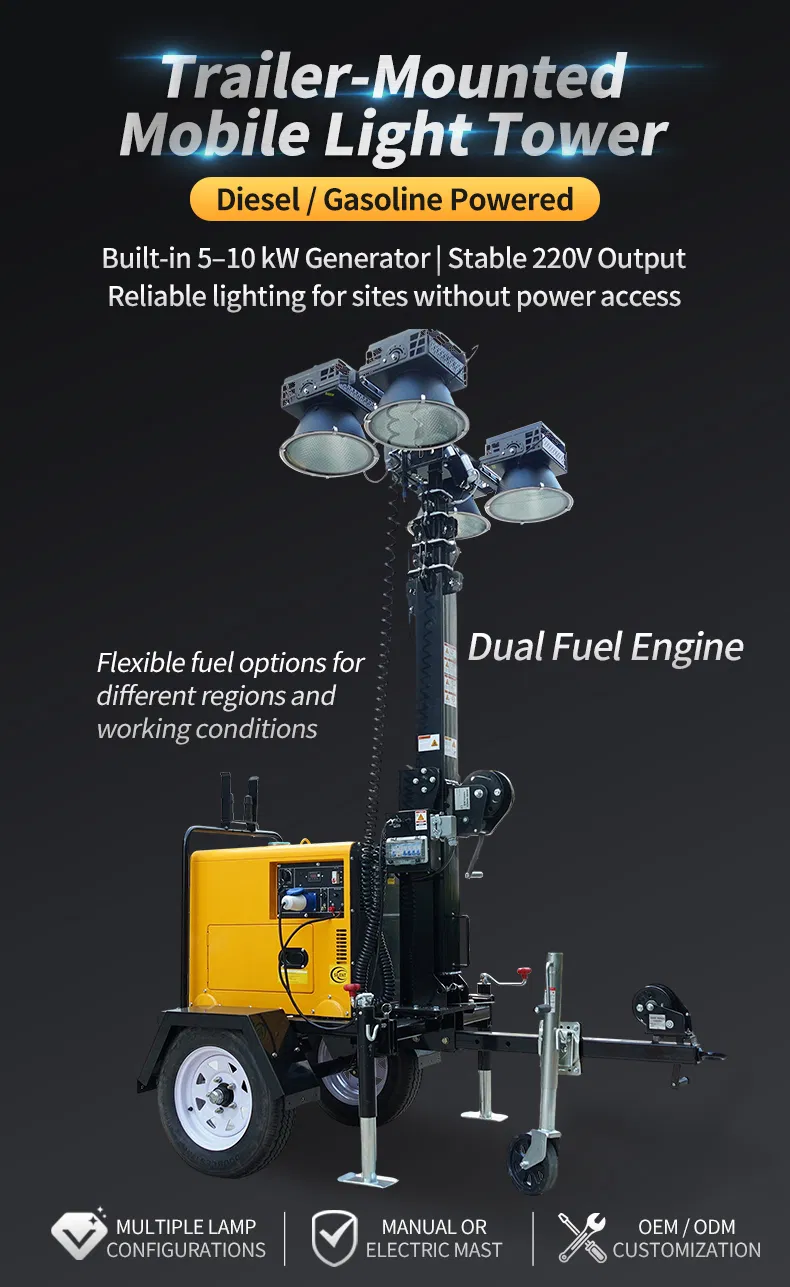 Iluminação portátil de torre móvel LED para canteiro de obras com gerador a diesel