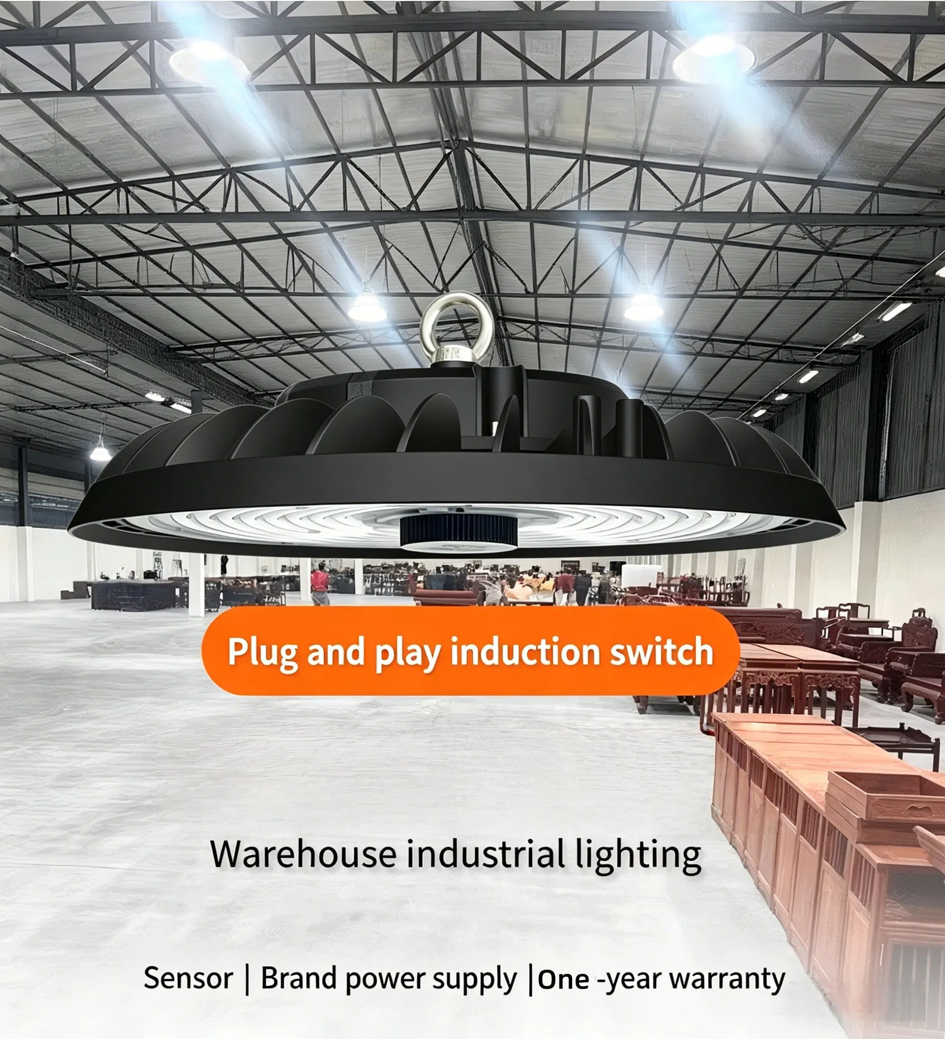200W Luz de Teto LED com Sensor de Movimento para UFO, Fixture Resistente às Intempéries, Iluminação Eficiente para Armazém, Oficina, Sótão