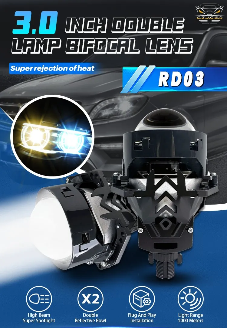 Rd03 Novos 3 Faróis LED de 132W Lente Bifocal de Dupla Lâmpada Super Rejeição de Calor Lente Projetora Bi LED para Carros Universais