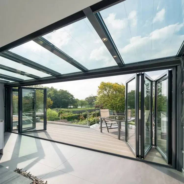 Black Frame Thermally Broken Glass Folding Door with Insulated Panels for Year Round Energy Savings