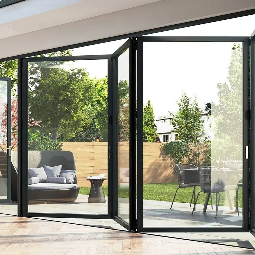 Aluminum Folding Glass Door System with Low Profile Tracks and High Efficiency Panels for Open Plan Designs