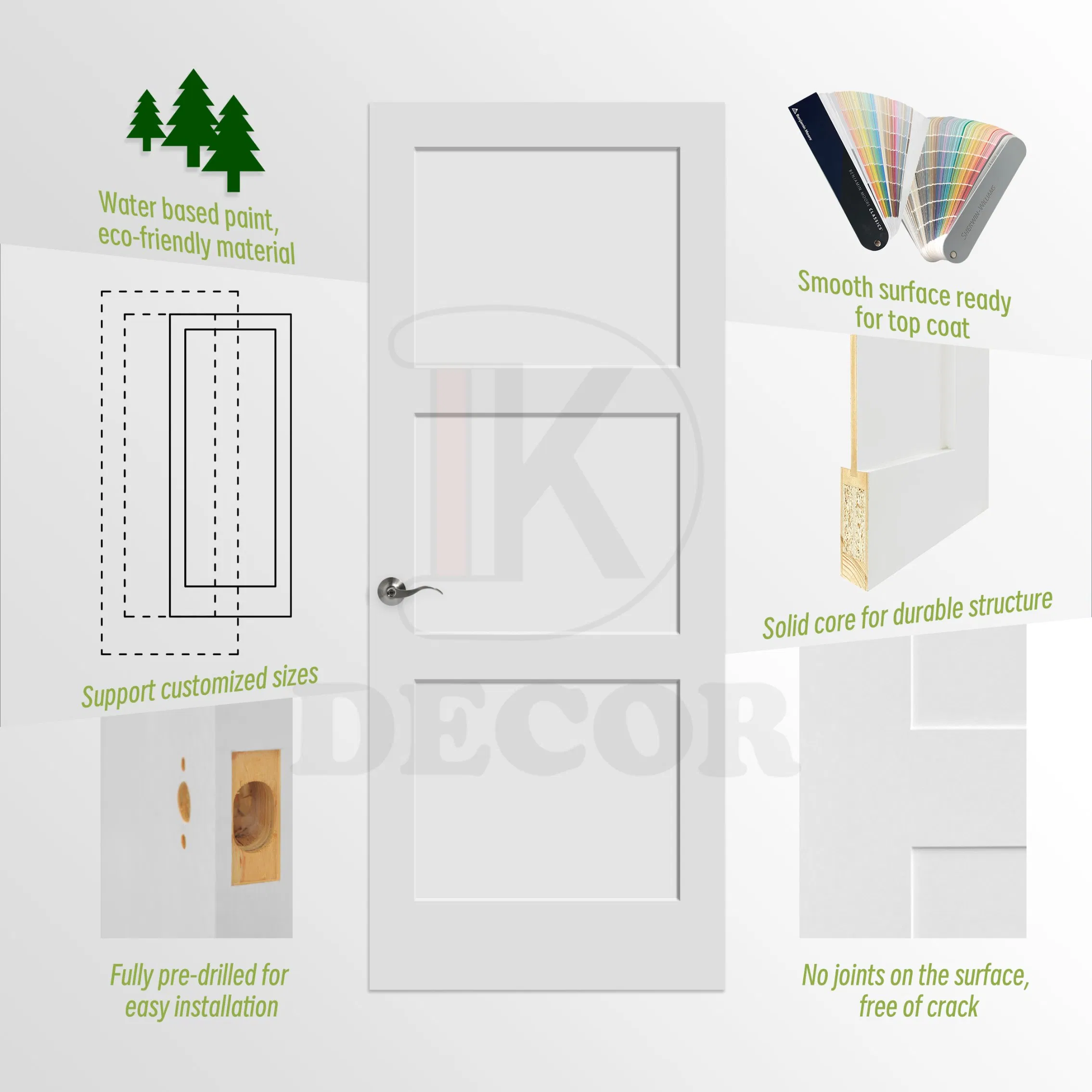Modern Room Wood 3 Panel Design MDF Solid Core Prehung Interior Shaker Door for House