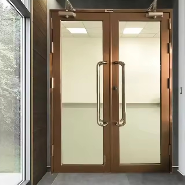 1-3 Hour Fire Rated Interior Steel Doors for Hotels Push and Pull Fire Exit with Lock Glass Finished Surface for Supermarkets
