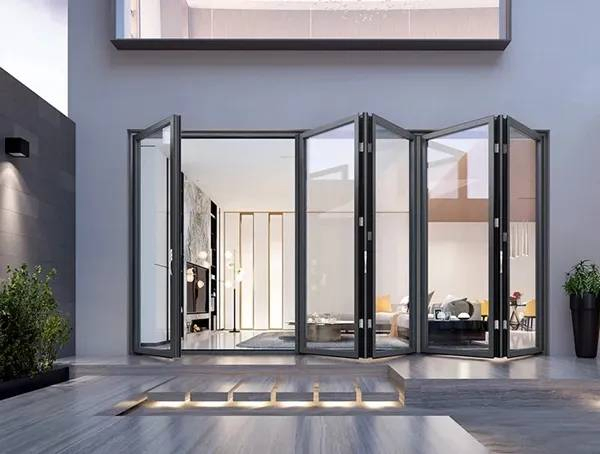 Aluminum Folding Glass Door System with Low Profile Tracks and High Efficiency Panels for Open Plan Designs