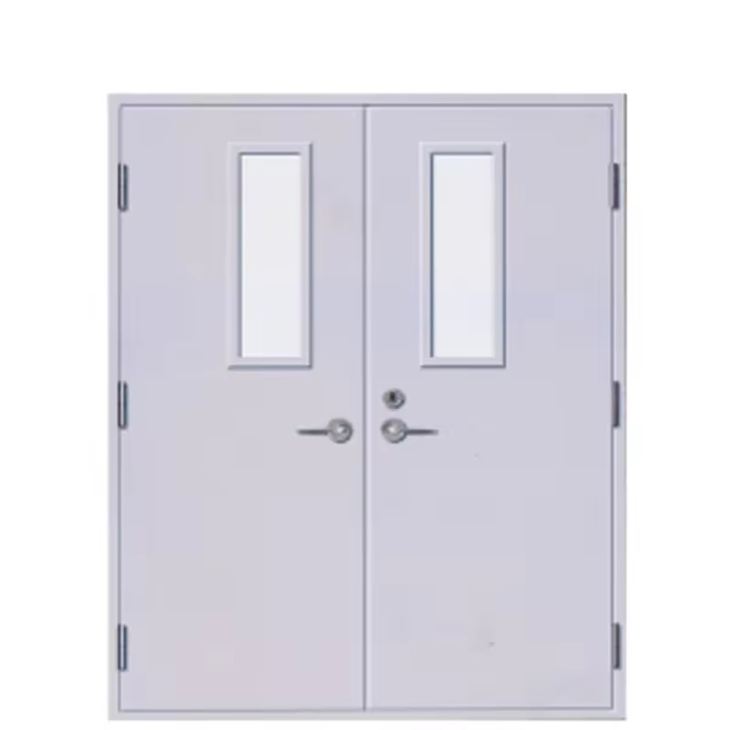 1-3 Hour Fire Rated Interior Steel Doors for Hotels Push and Pull Fire Exit with Lock Glass Finished Surface for Supermarkets