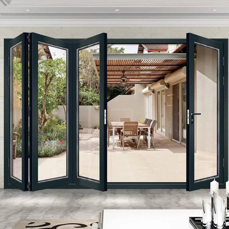 Black Frame Thermally Broken Glass Folding Door with Insulated Panels for Year Round Energy Savings