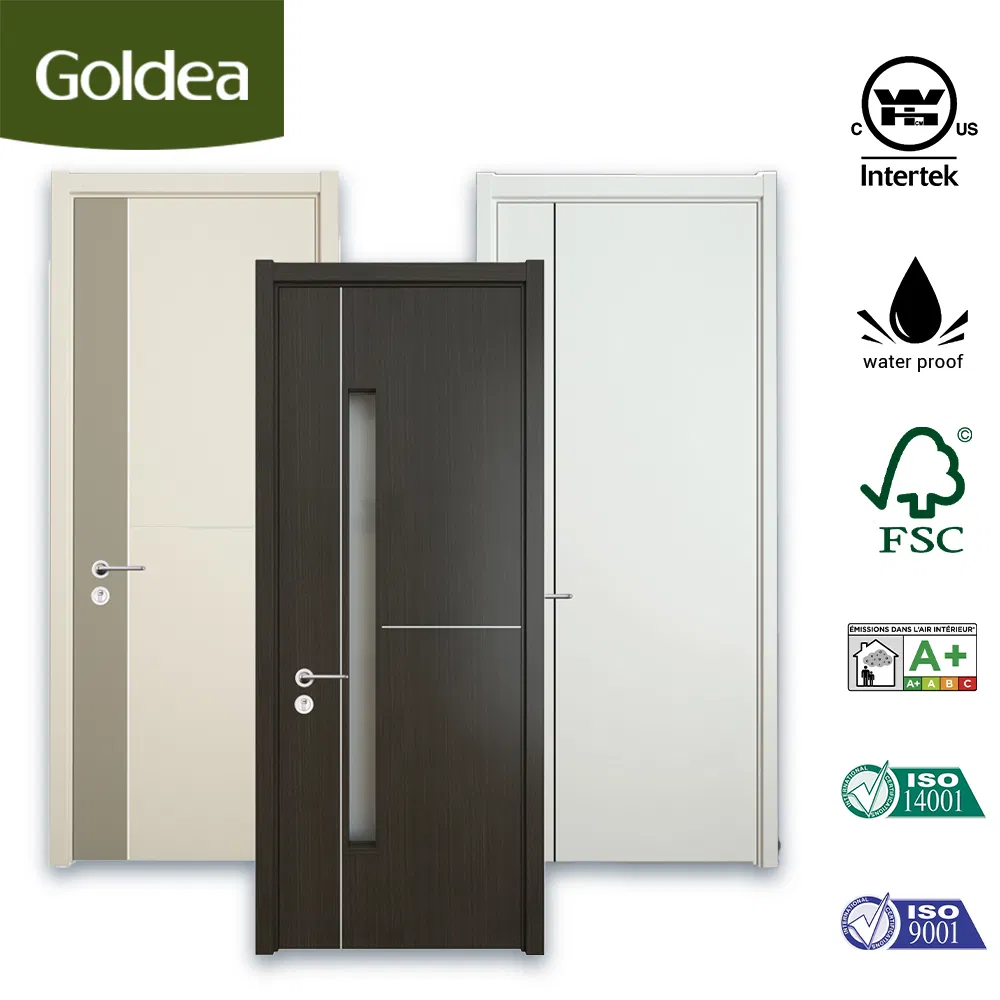 Goldea Wholesale 39 Years Factory Price Modern Style Room Home Furniture MDF PVC Timber Interior Wooden Door with Metal Strips Inlay Design