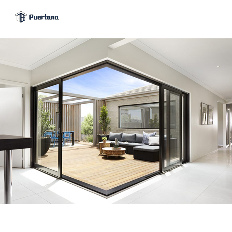 Big Exterior 90 Degree Corner Aluminium Framed Multi Track Insulated Sliding Glass Door System Design