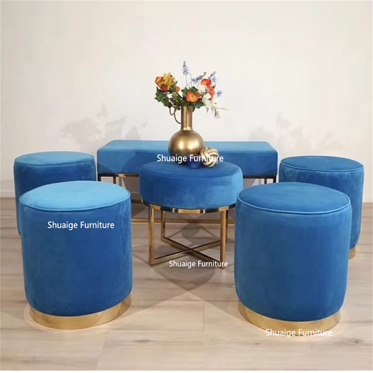 Popular Hotel Bedroom Footstool Gold Stainless Steel Legs Black Velvet Ottoman Stool