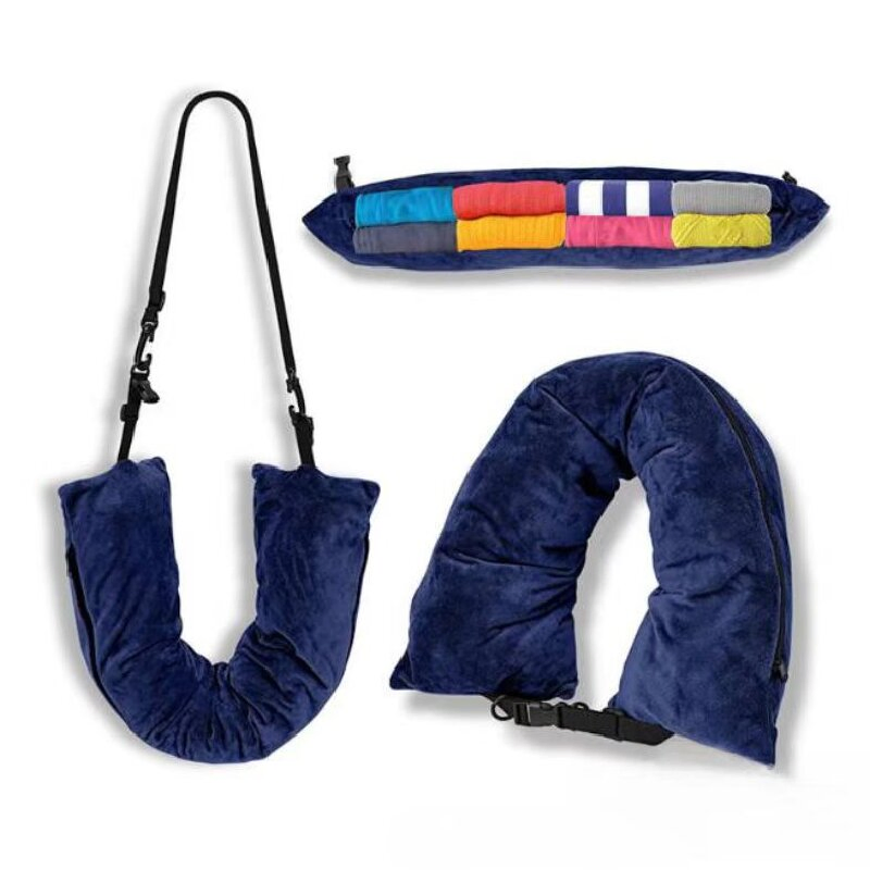 Transformable Elastic Neck U-Shape Tube Storage Travel Pillow Stuffable with Clothes for Airplanes