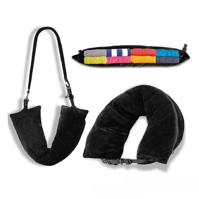 Transformable Elastic Neck U-Shape Tube Storage Travel Pillow Stuffable with Clothes for Airplanes