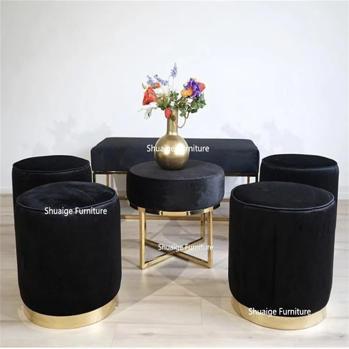 Popular Hotel Bedroom Footstool Gold Stainless Steel Legs Black Velvet Ottoman Stool