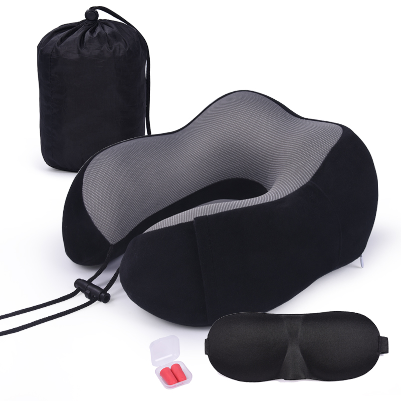 Customized Logo Memory Foam Travel Neck Pillow Set with Carrying Drawstring Pouch