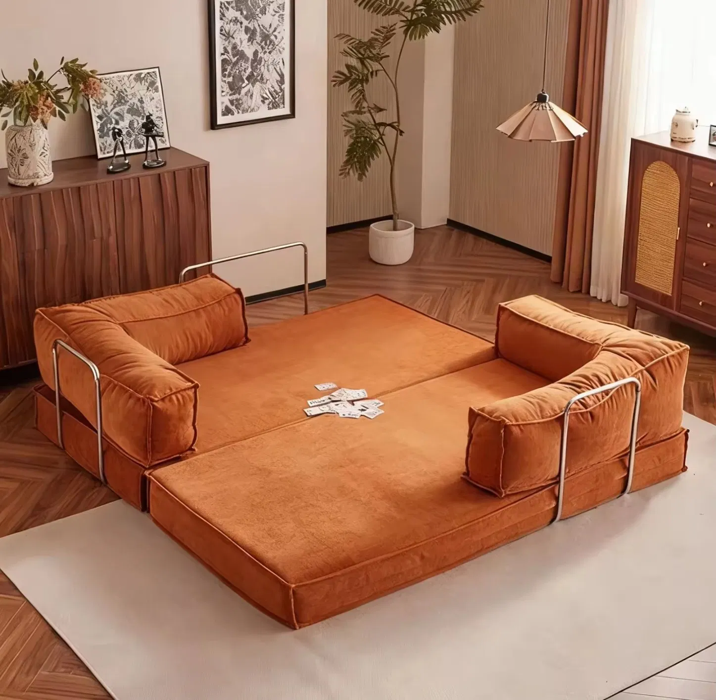 Modern Rust Orange Convertible Loveseat Side Pocket Storage