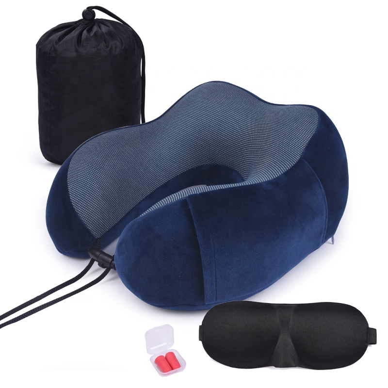 Customized Logo Memory Foam Travel Neck Pillow Set with Carrying Drawstring Pouch