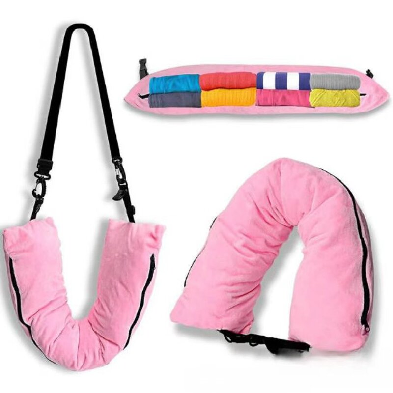 Transformable Elastic Neck U-Shape Tube Storage Travel Pillow Stuffable with Clothes for Airplanes