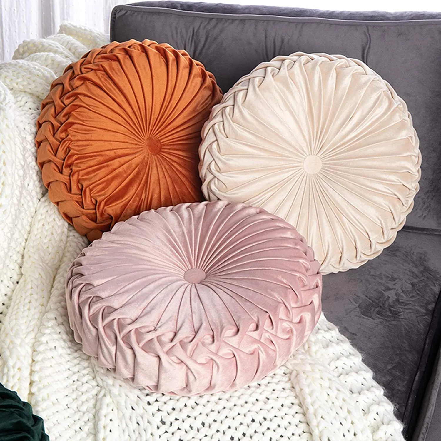 Round Decorative Pillow Large Velvet Floor Couch Pillow Handcrafted Pleated Round Throw Pillow Decoration for Chair Sofa Bed and Car