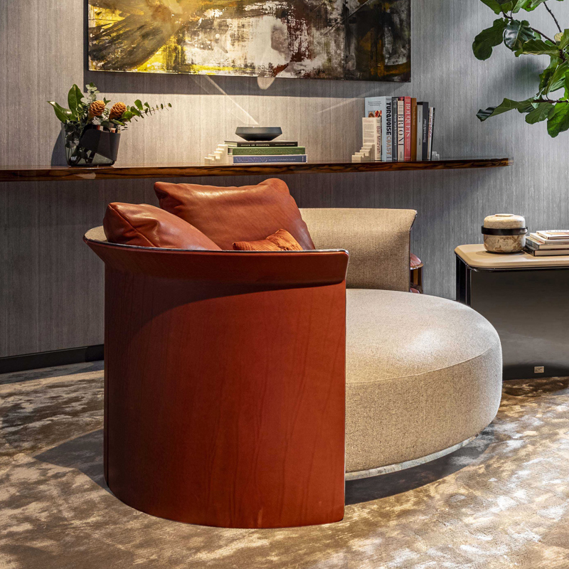 Organic Modern Round Loveseat Plush Velvet Fabric Wooden Statement Piece Resort Furniture