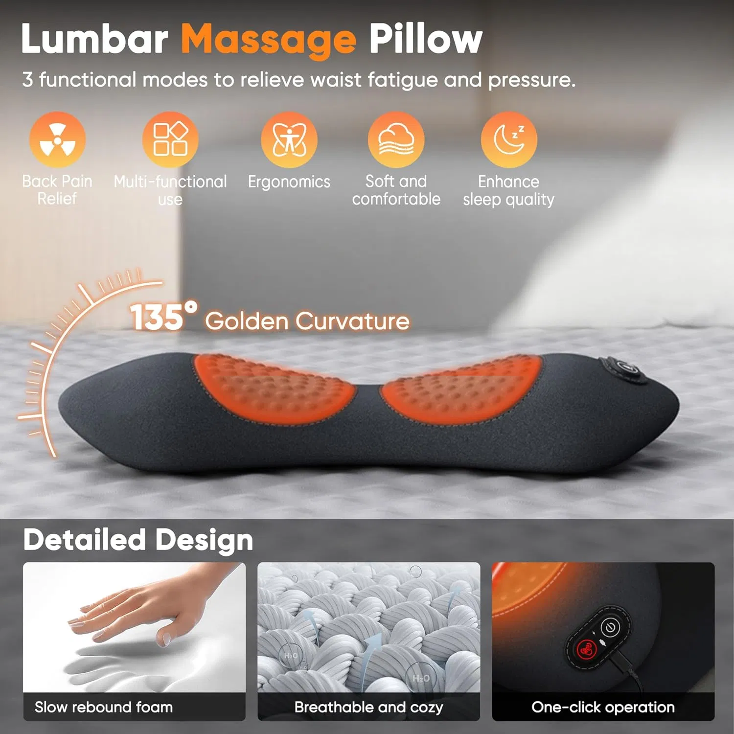 3 in 1 Electric Rechargeable Heated Lumbar Support Pillow Back Massager for Lower Back Pain Relief