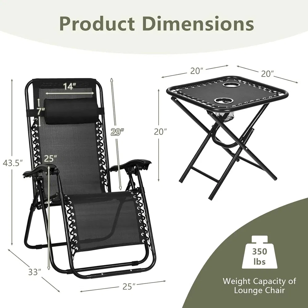 Zero Gravity Lounge Chairs Set 3 Pieces Patio Lawn Recliner Set for Outdoor Garden Camp Travel