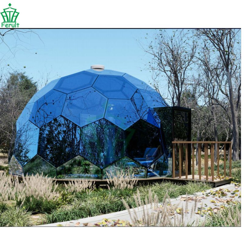 Geodesic Glamping Dome Blue Tempered Glass Luxury Glamping Accommodation Tent