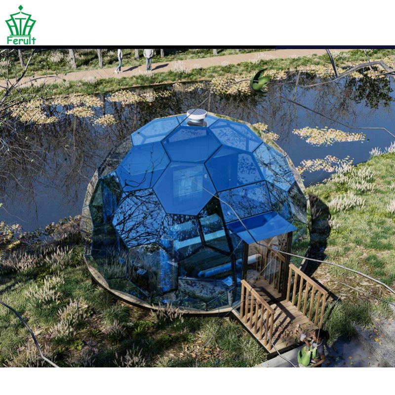Geodesic Glamping Dome Blue Tempered Glass Luxury Glamping Accommodation Tent