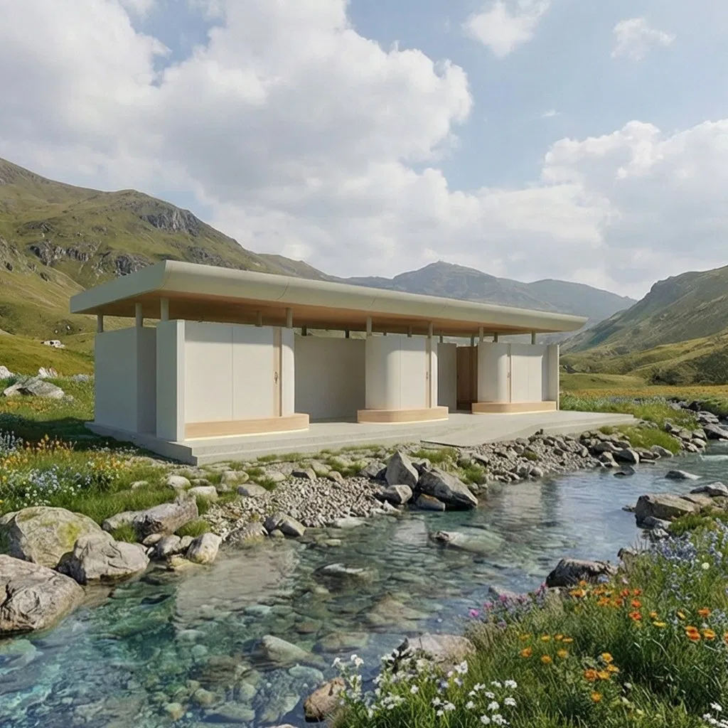 Green and Sustainable Small House Using Mobile Steel Structure Container Design, Foldable Prefabricated System for Modern Public Toilets.