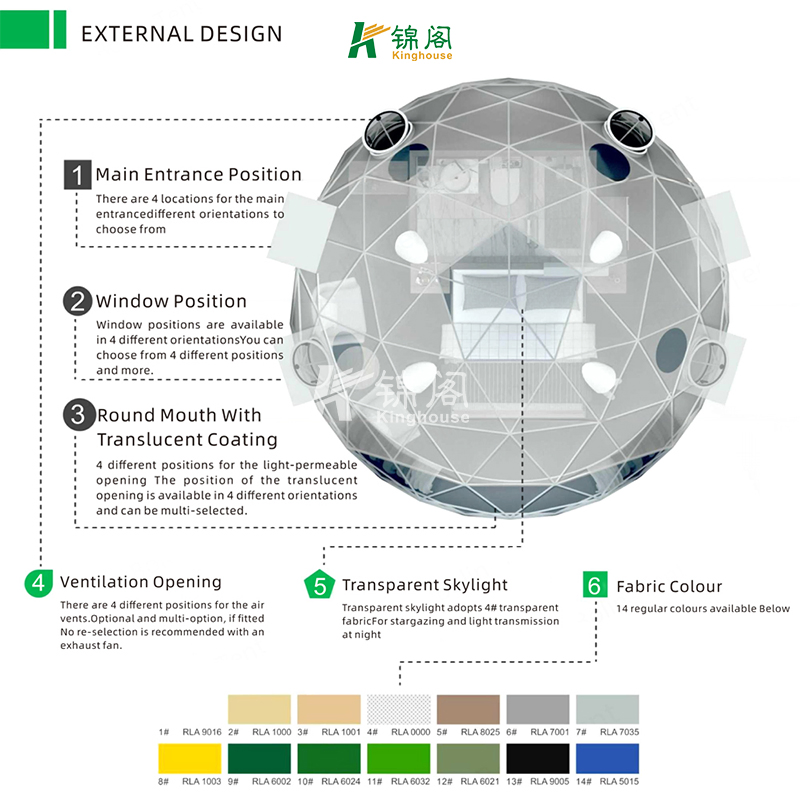 Outdoor Luxury Hotel Waterproof Camping Geodesic Dome Kit Glamping 5m 6m 7m 8m Dome Tents House