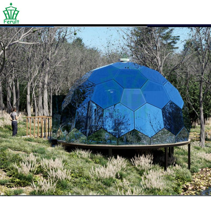 Geodesic Glamping Dome Blue Tempered Glass Luxury Glamping Accommodation Tent