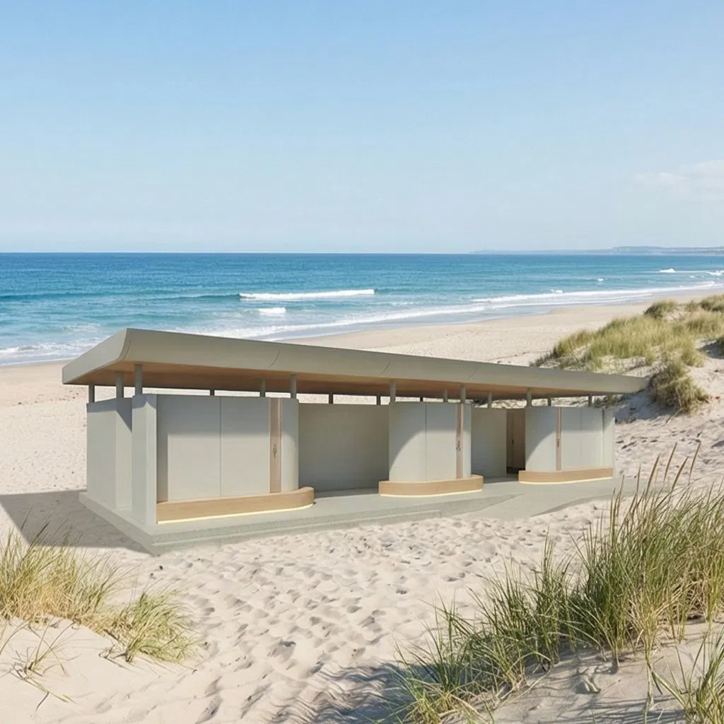 Green and Sustainable Small House Using Mobile Steel Structure Container Design, Foldable Prefabricated System for Modern Public Toilets.