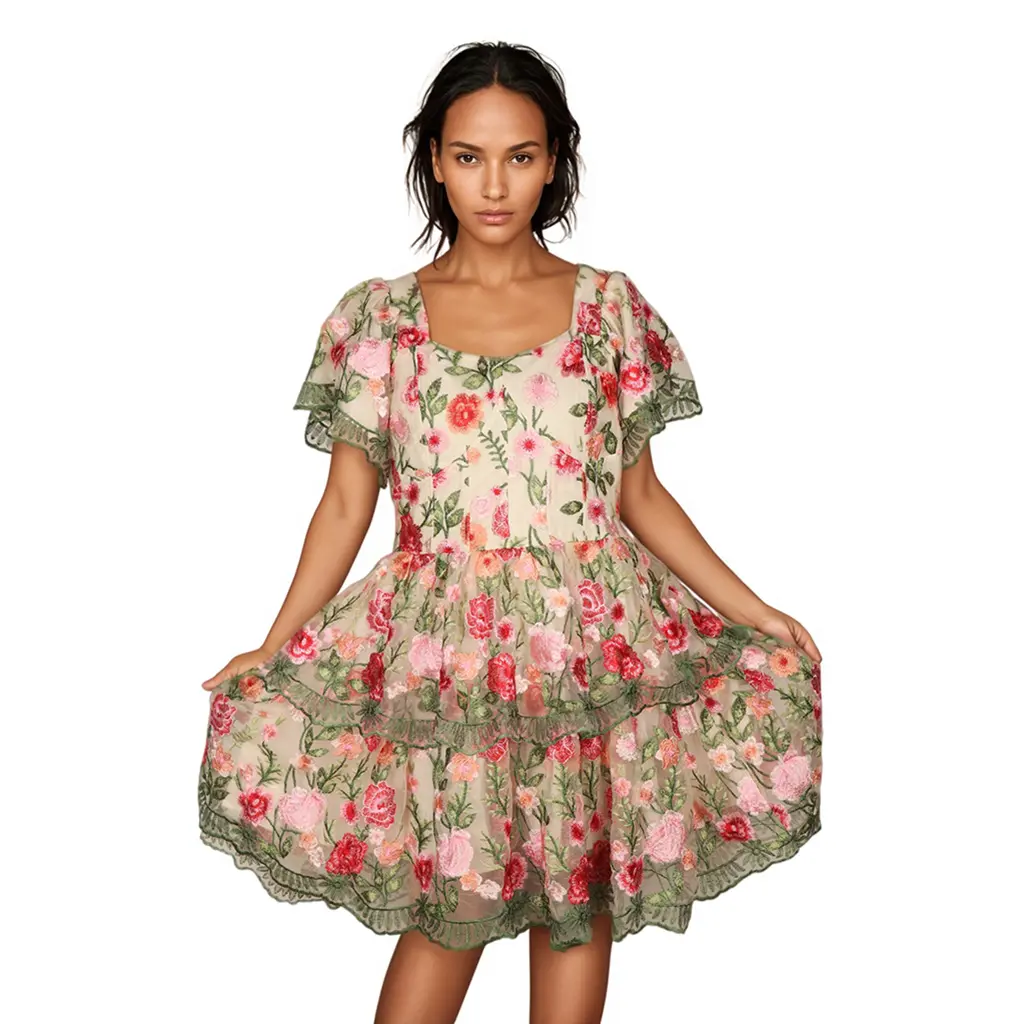 OEM Print Sleeve Square Neck Open Back Lace Trim Tiered Ruffle Elegant Vintage Summer Garden Party Maxi Women Dress Supplier, Factories
