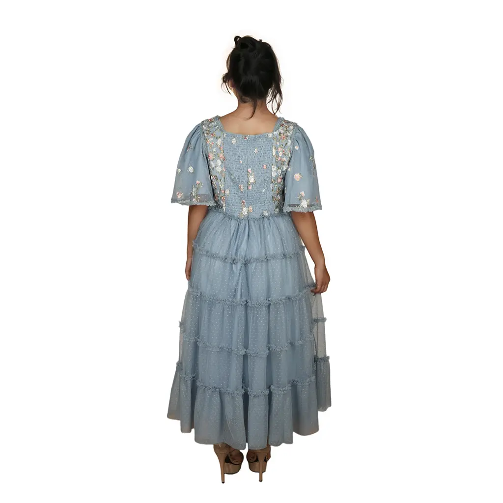 ODM Summer Fairycore Tunic Slim Casual Midi Dress for Women Empire Patchwork Sequined Mesh Dress Suppliers, Factory