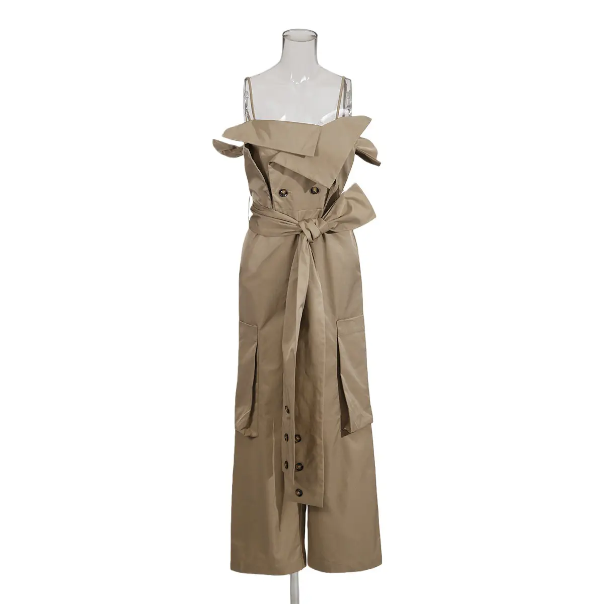 High-Quality Khaki belted waist-cinching sleeveless jumpsuit with cargo pockets, new winter 2025 style, high-end women's trousers Suppliers, Manufacturer