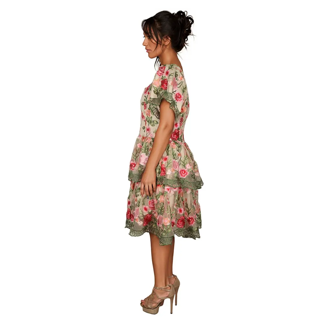 OEM Print Sleeve Square Neck Open Back Lace Trim Tiered Ruffle Elegant Vintage Summer Garden Party Maxi Women Dress Supplier, Factories