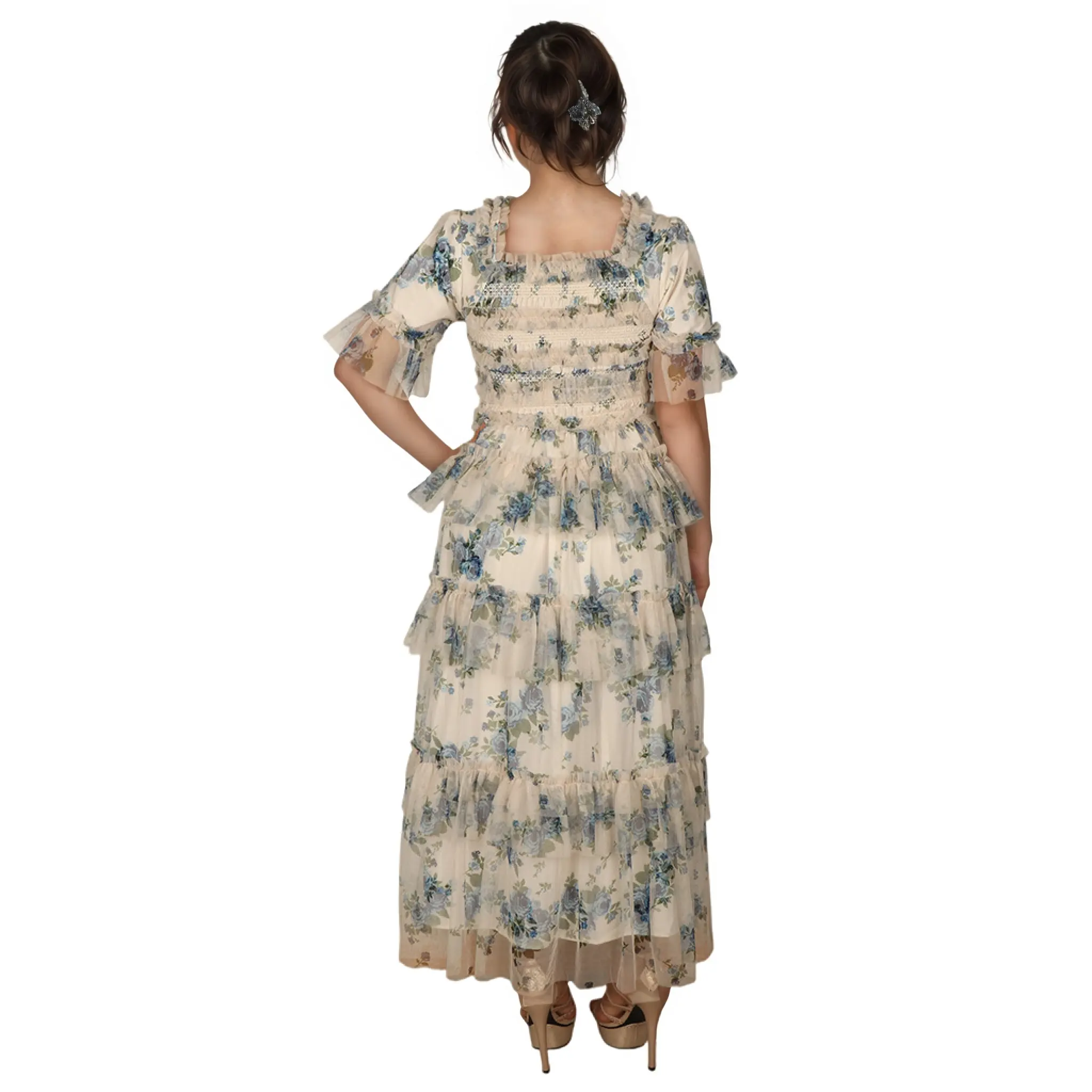 OEM ODM Custom Blue Floral Digital Print Dress Wholesale High Quality Smocked Flared Long Maxi Summer Dresses Women Clothes