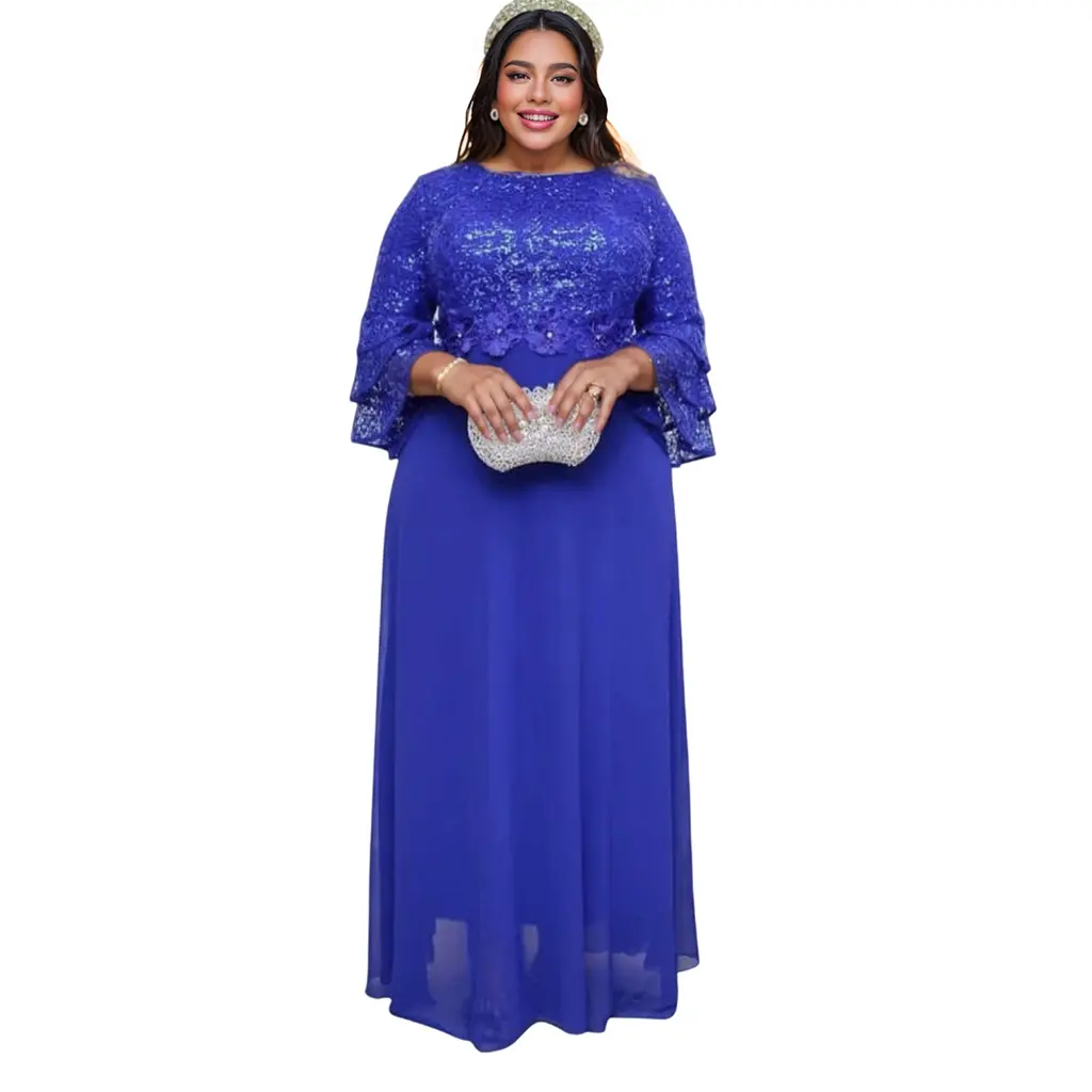 OEM African European and American Women's Plus Size Eco-Friendly Washable Woven Lace Solid Natural Waist Ruffles Chiffon Dress Manufacturer, Factories