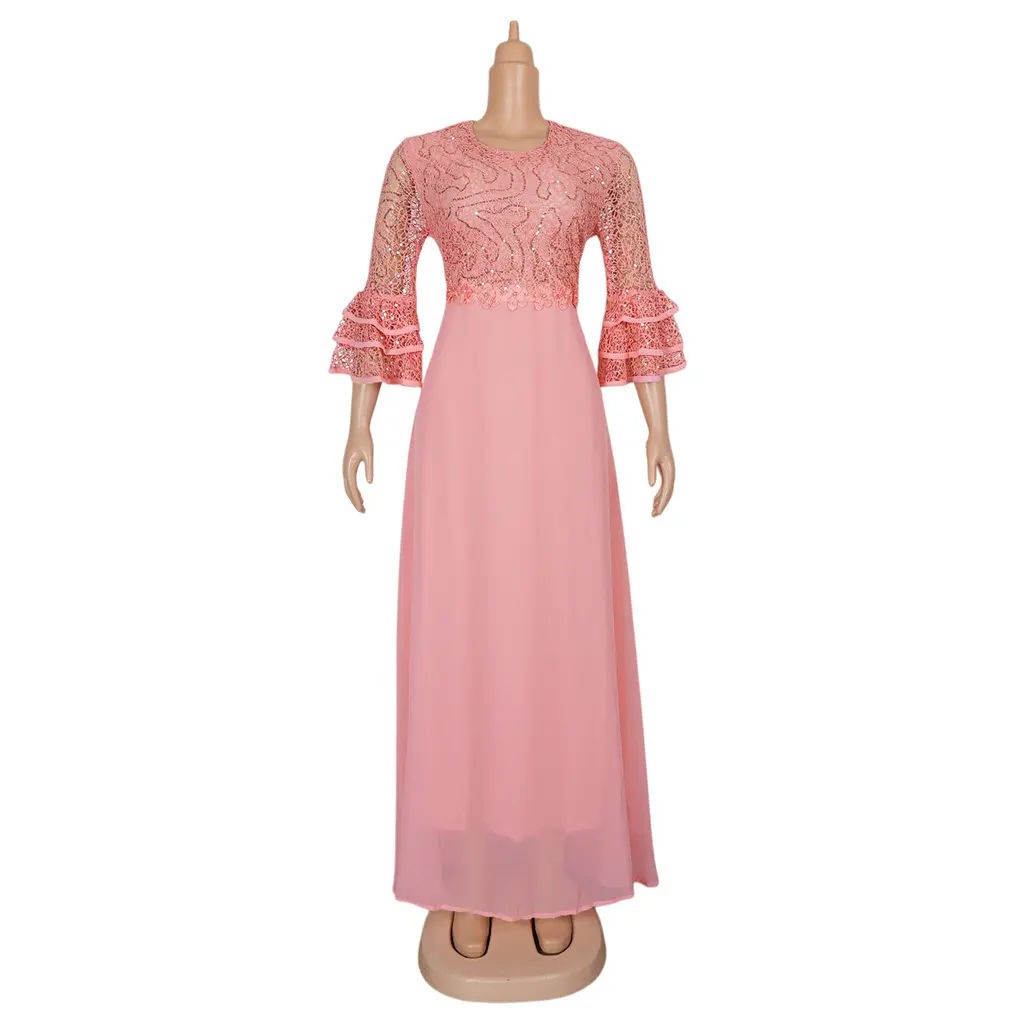 OEM African European and American Women's Plus Size Eco-Friendly Washable Woven Lace Solid Natural Waist Ruffles Chiffon Dress Manufacturer, Factories